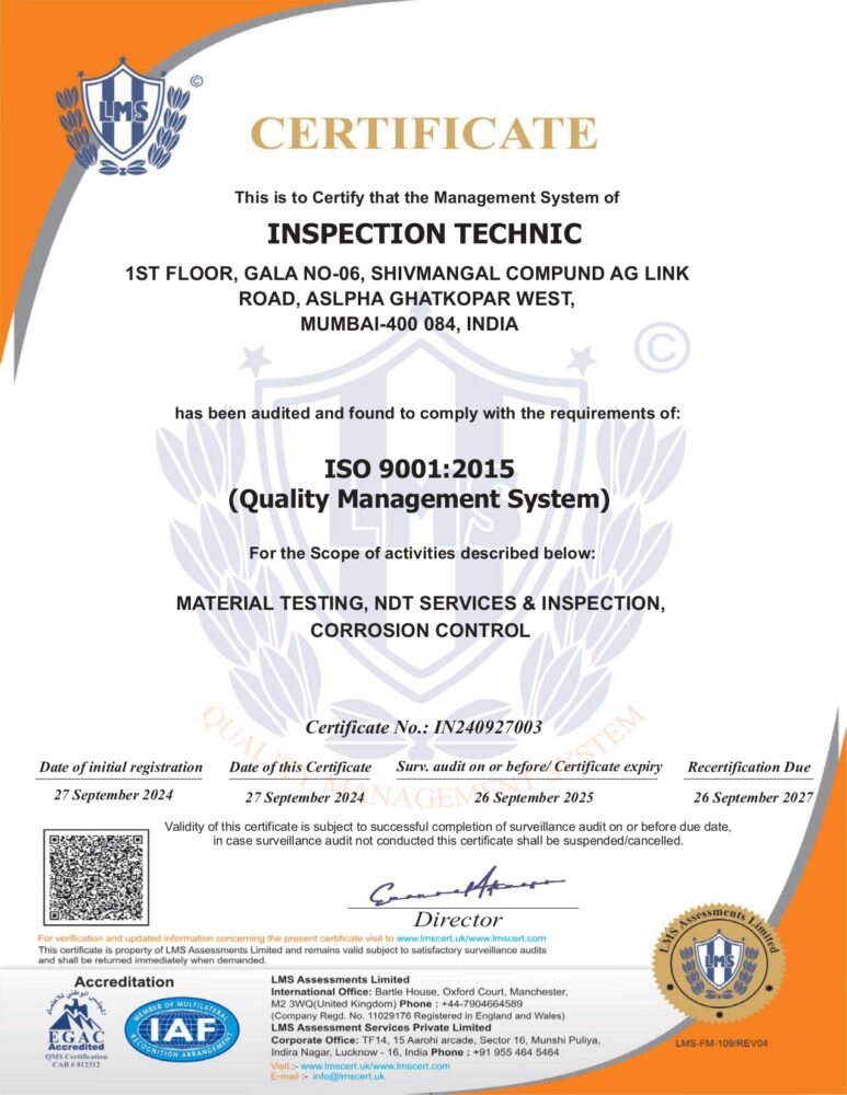 ISO 9001:2015 certification badge displayed by INSPECTION TECHNIC India—representing its commitment to quality management systems and consistent service excellence.